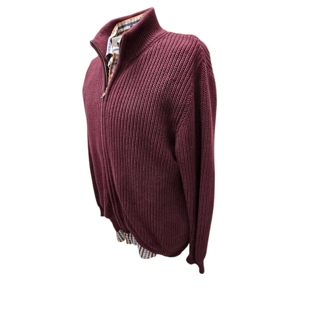 Vtg 90s LL Bean Full Zip Chunky Knit Ribbed Cotton Sweater Burgundy Men's L MINT